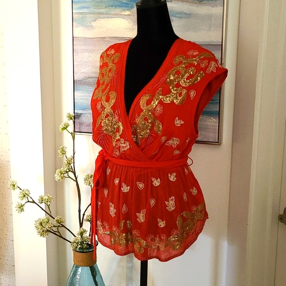 Free People Tops - Free People Orange V neck  Peplum Blouse  sz XS
